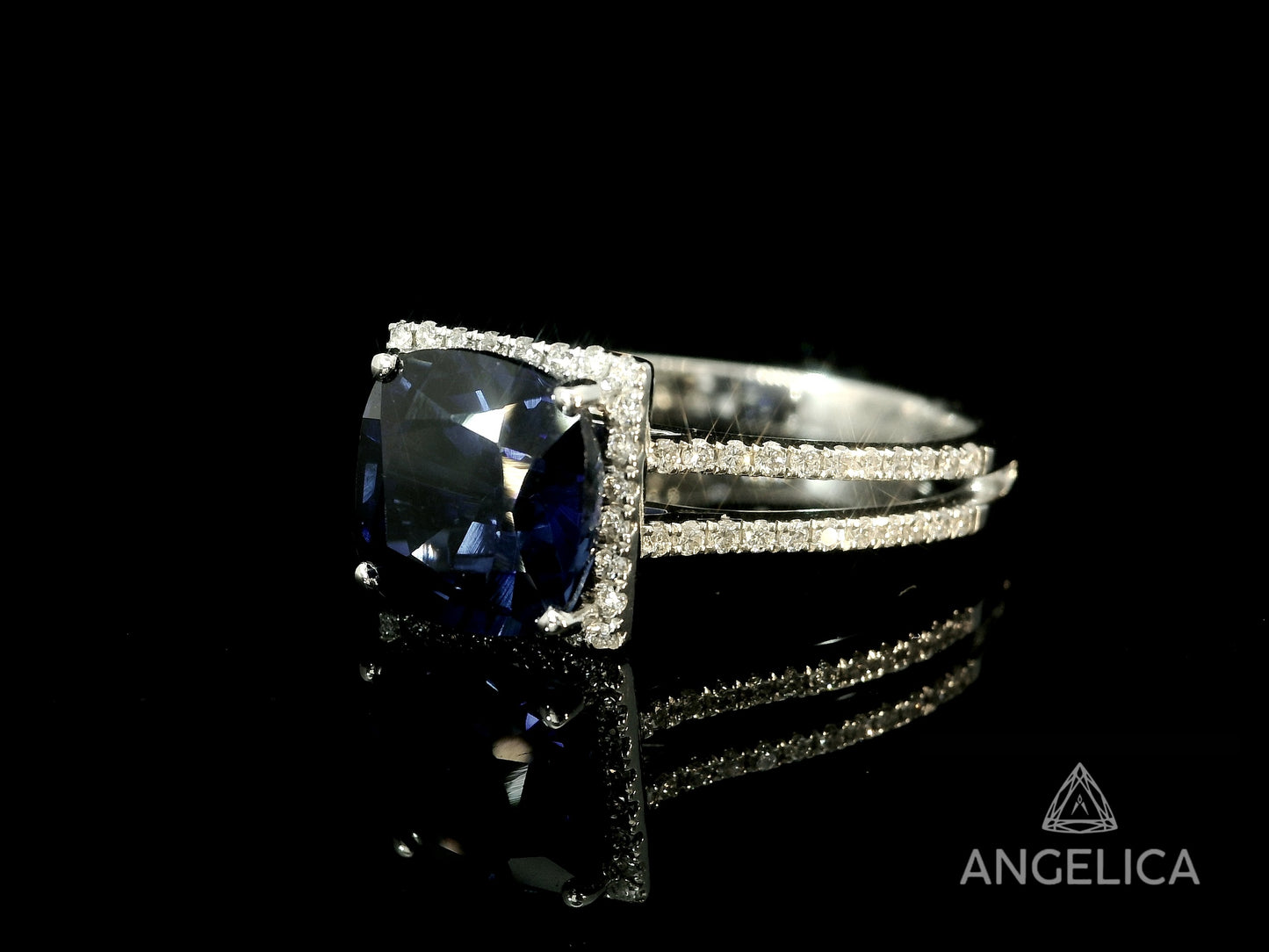 18K WHITE GOLD LAB BLUE SAPPHIRE CUSHION CUT & NATURAL DIAMONDS RING