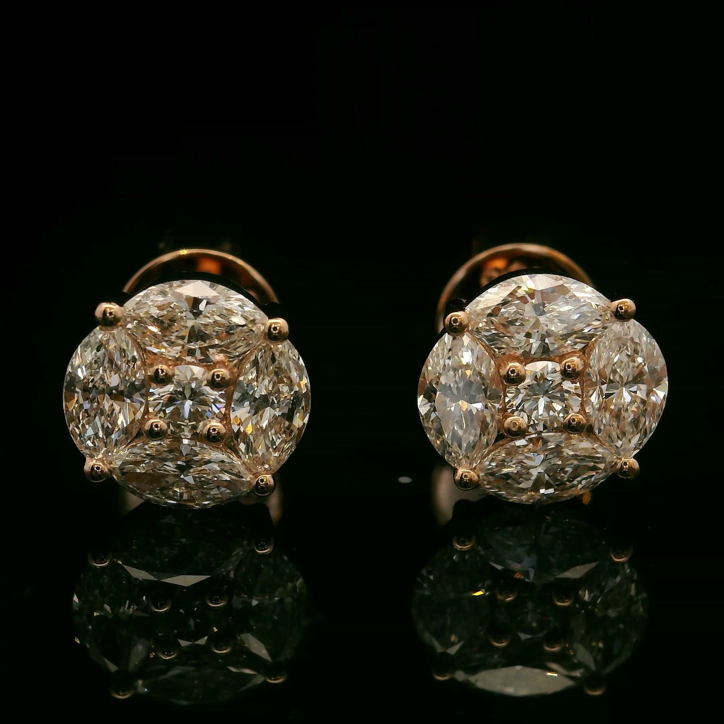 PENDIENTES DE ORO ROSA DE 14 K CON DIAMANTES MARQUESES Y REDONDOS VVS F+