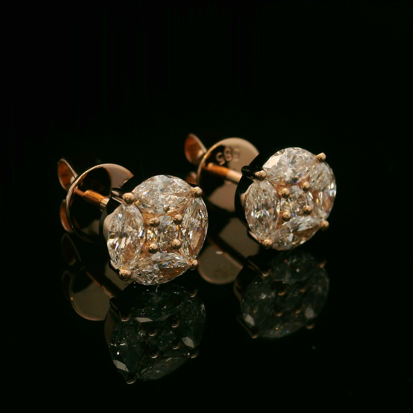 PENDIENTES DE ORO ROSA DE 14 K CON DIAMANTES MARQUESES Y REDONDOS VVS F+