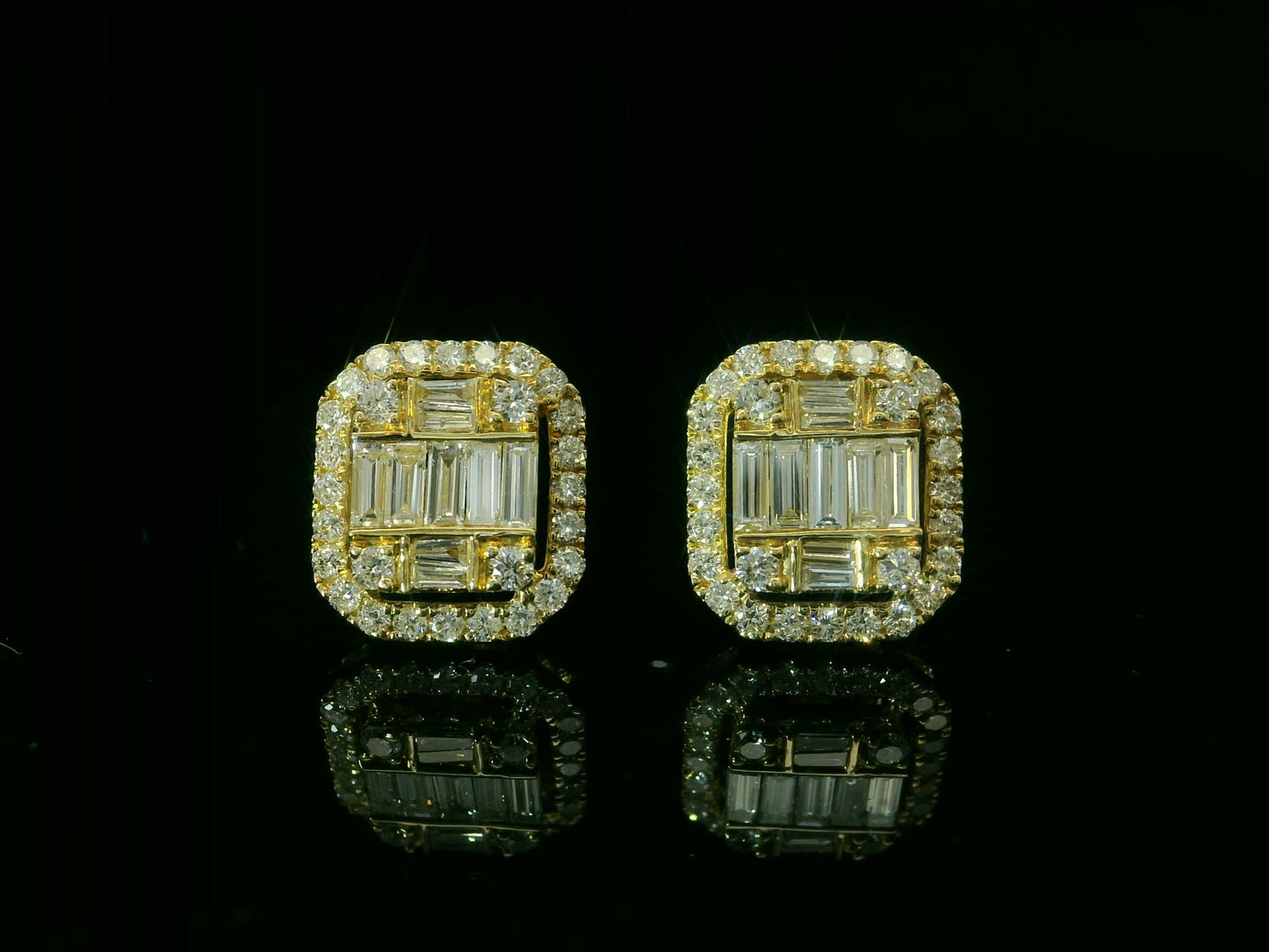 18K YELLOW GOLD ROUNDS AND BAGUETTES DIAMOND EARRINGS