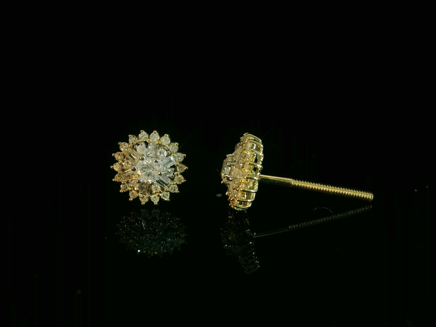 10K YELLOW GOLD BAGUETTE AND ROUND DIAMOND EARRINGS