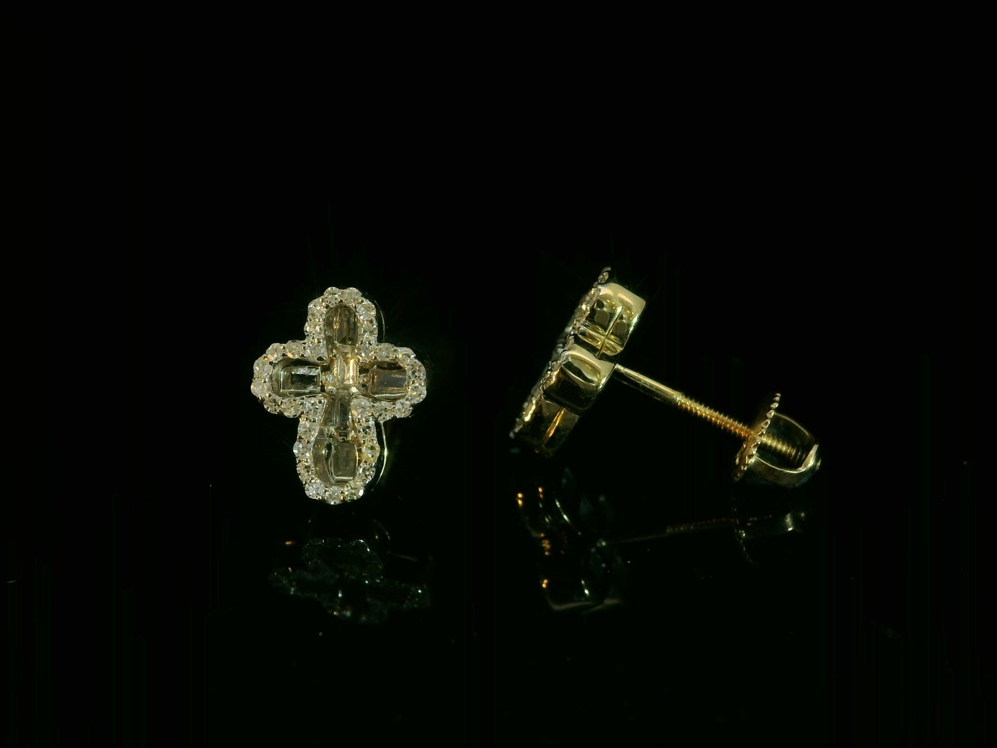 10K YELLOW GOLD BAGUETTE AND ROUND DIAMOND CROSS EARRINGS