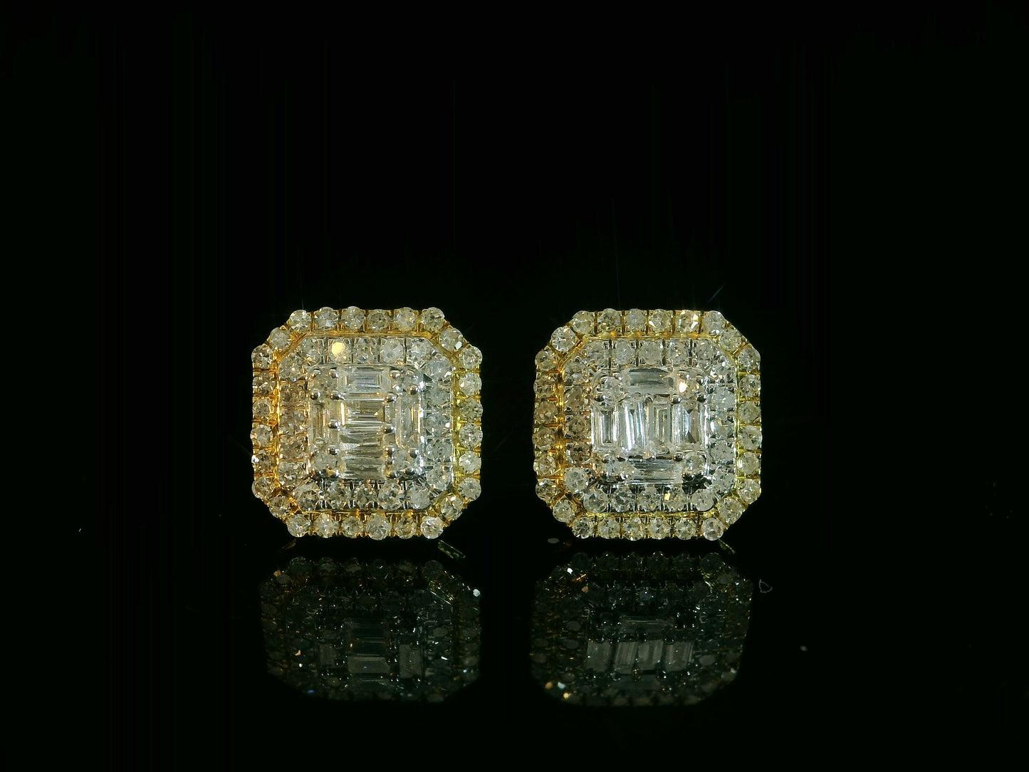 10K YELLOW GOLD BAGUETTE AND ROUND DIAMOND EARRINGS