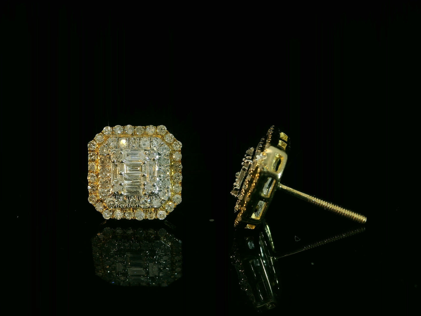 10K YELLOW GOLD BAGUETTE AND ROUND DIAMOND EARRINGS