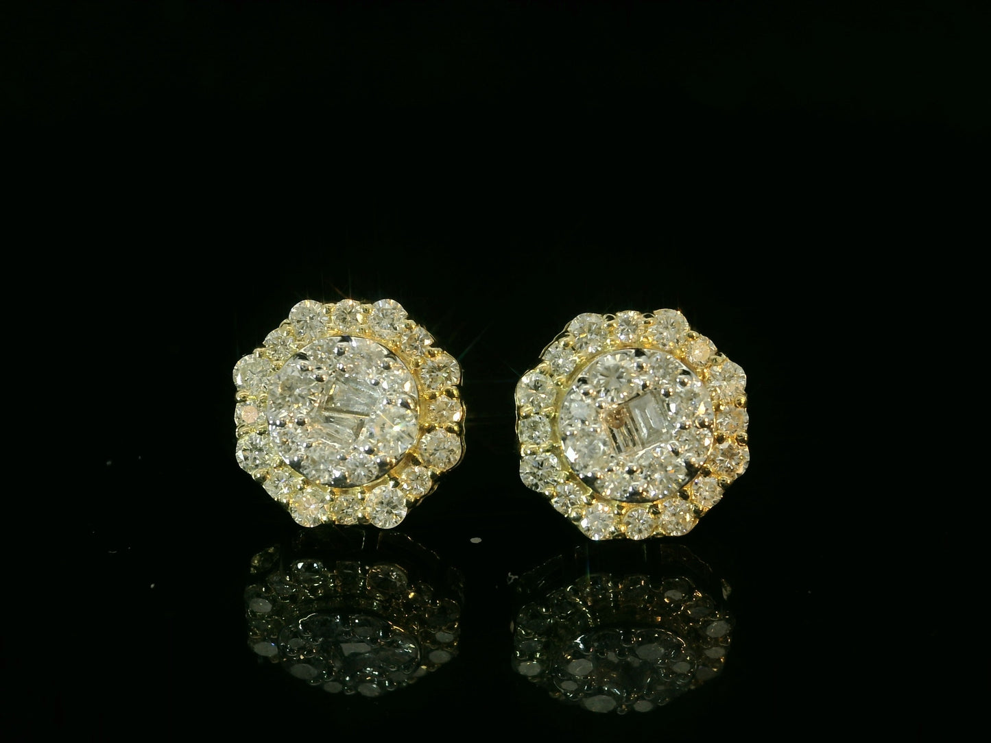 10K YELLOW GOLD BAGUETTE AND ROUND DIAMOND EARRINGS