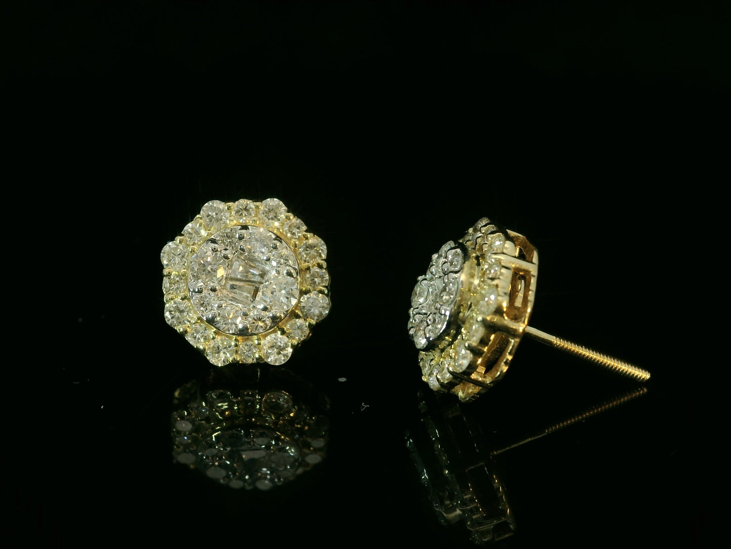10K YELLOW GOLD BAGUETTE AND ROUND DIAMOND EARRINGS