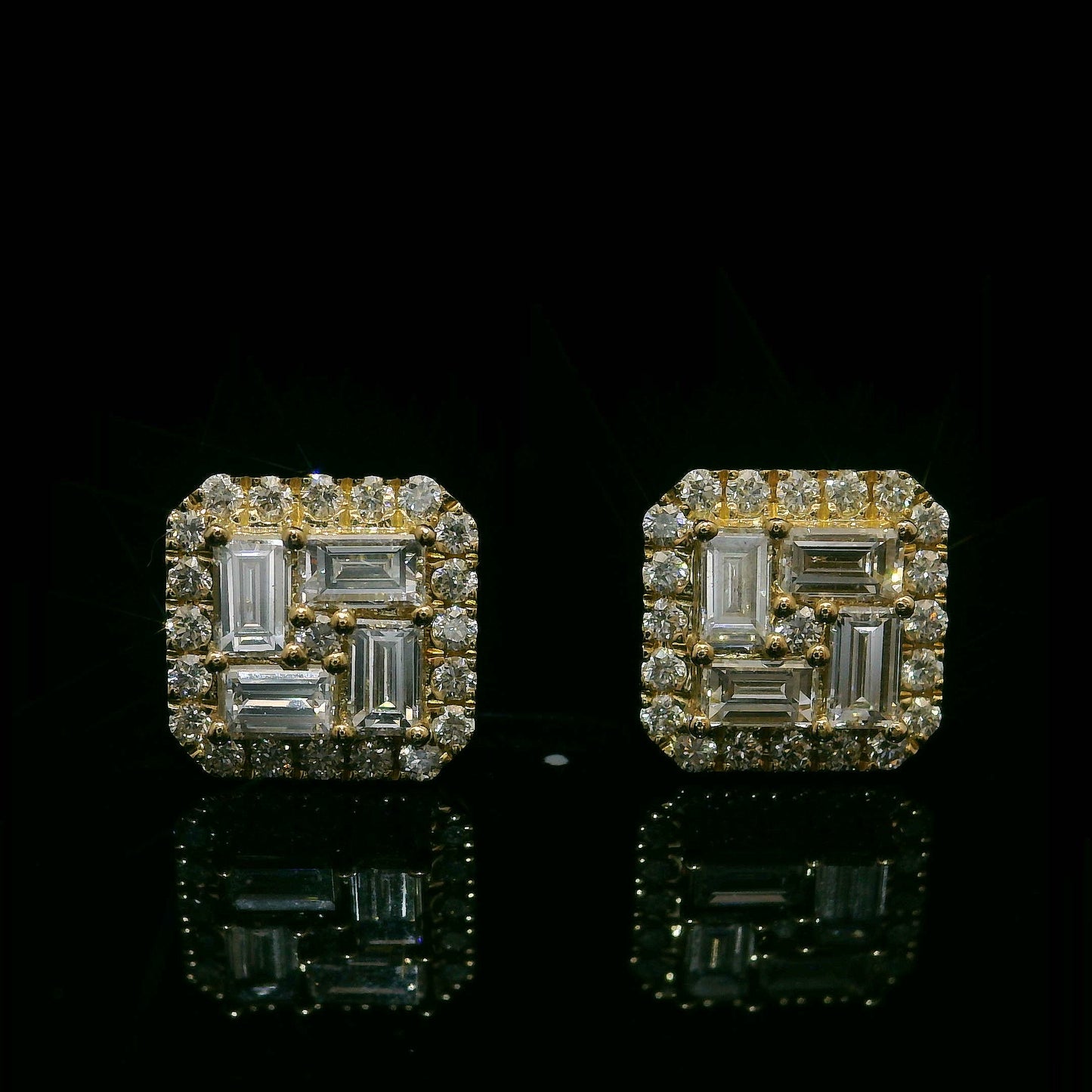14K YELLOW GOLD BAGUETTE & ROUND VVS F+ DIAMOND EARRINGS