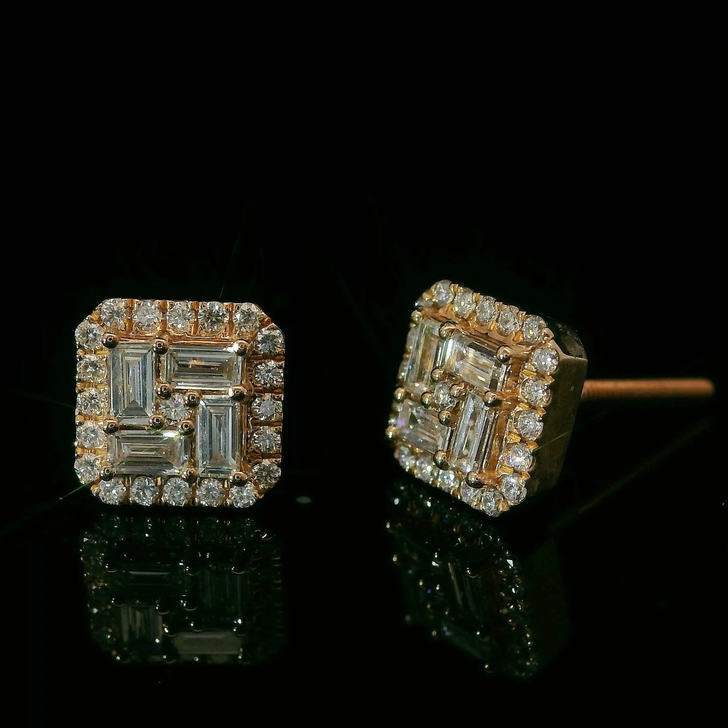 14K ROSE GOLD BAGUETTE AND ROUND VVS F+ DIAMOND EARRINGS Angelica Jewellers