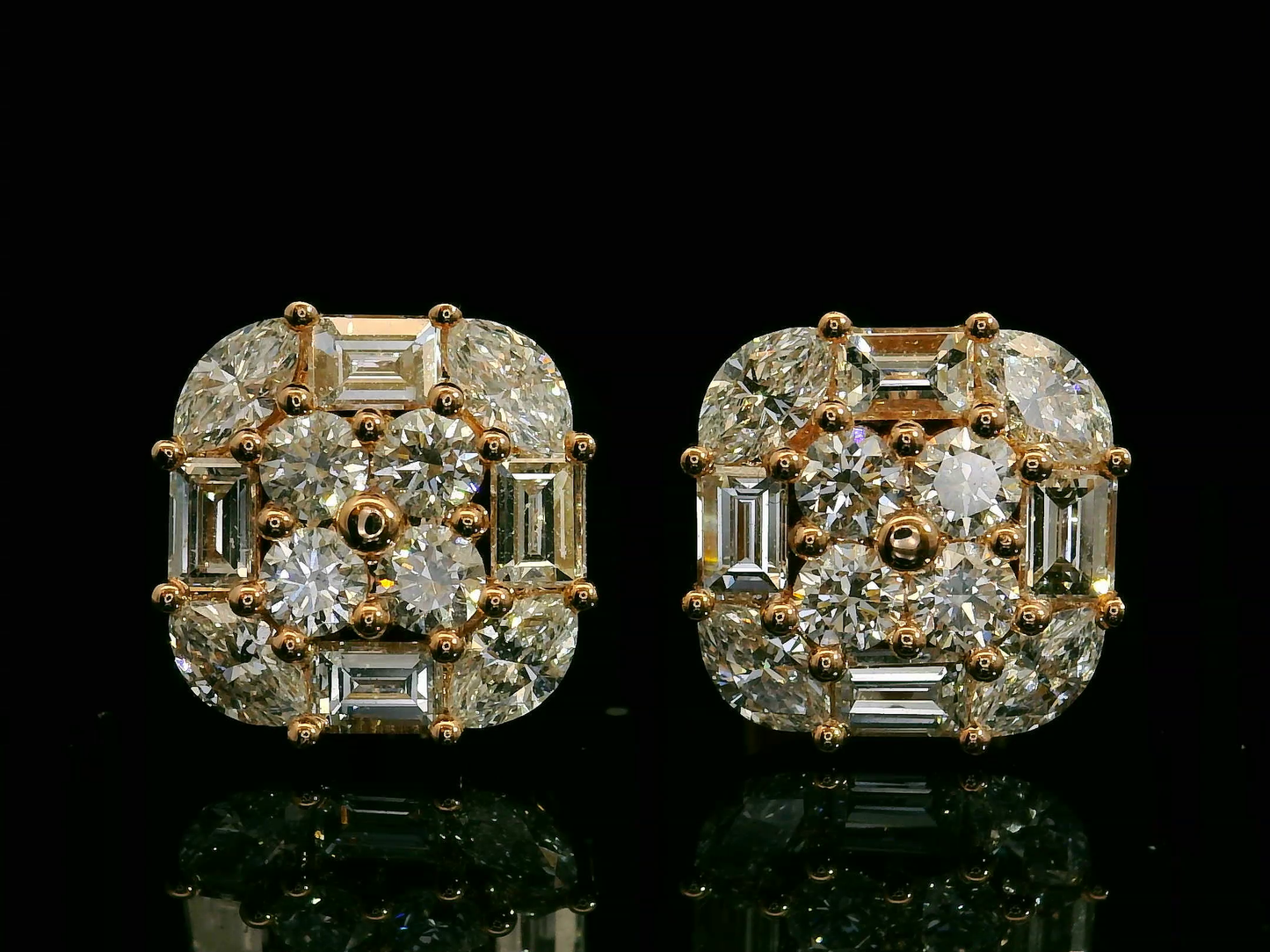 PENDIENTES DE ORO ROSA DE 14 K CON DIAMANTES REDONDOS, BAGUETTES Y MARQUESA