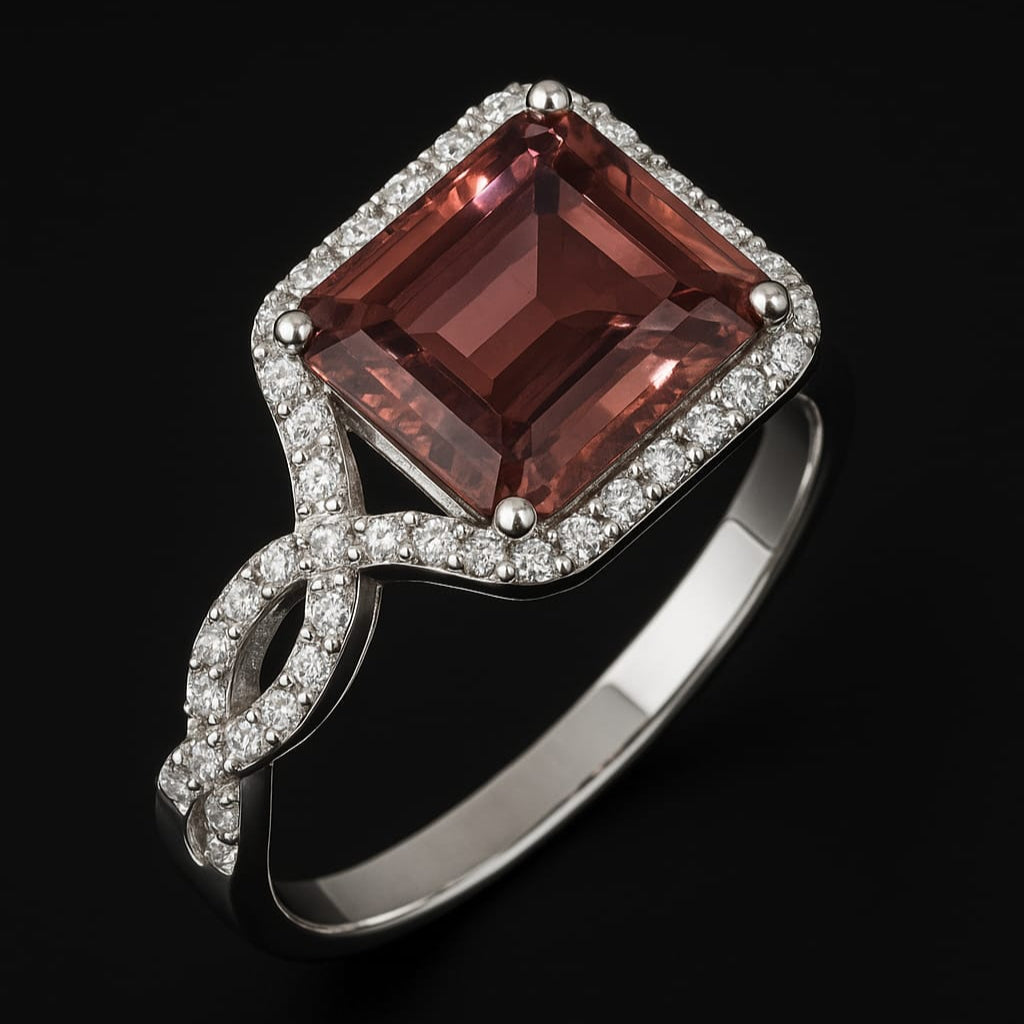 18KT WHITE GOLD ENGAGEMENT RING SET WITH A PINK TOURMALINE AND DIAMONDS