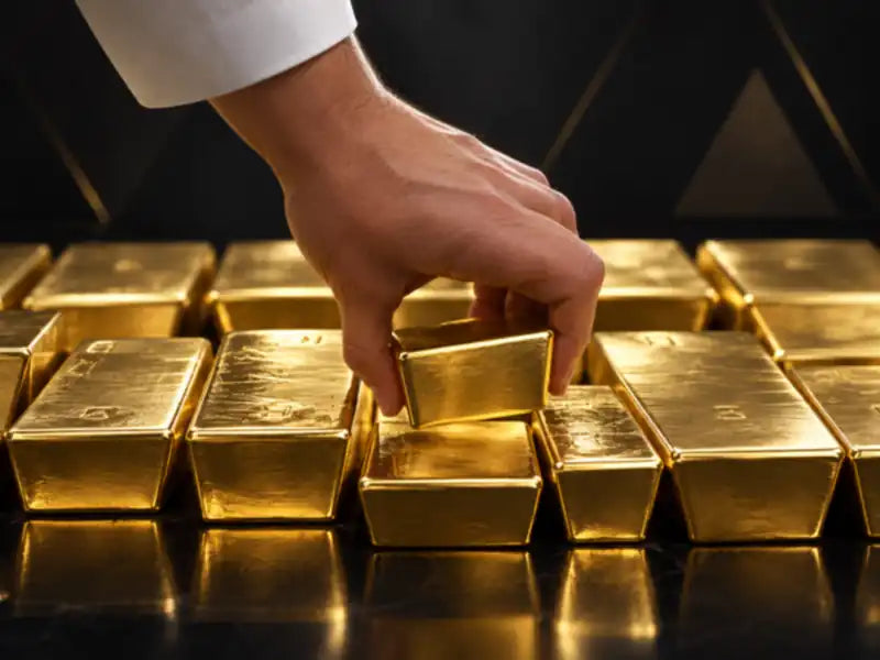 A hand picking up a gold bar from rows of fine gold bars – why the price of gold is rising in 2026