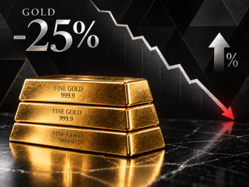Stacked fine gold bars with a falling price chart – gold down 25% from its record