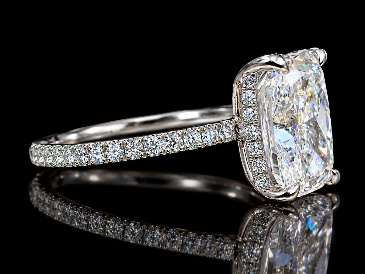 3.30 CTW Elongated Cushion Lab-Grown Diamond Engagement Ring with Hidden Halo in 14K Gold