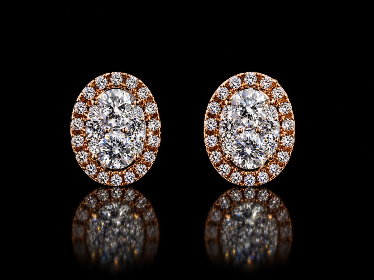 14K Rose and White Gold Oval Natural Diamond Halo Stud Earrings – 0.25 CT
