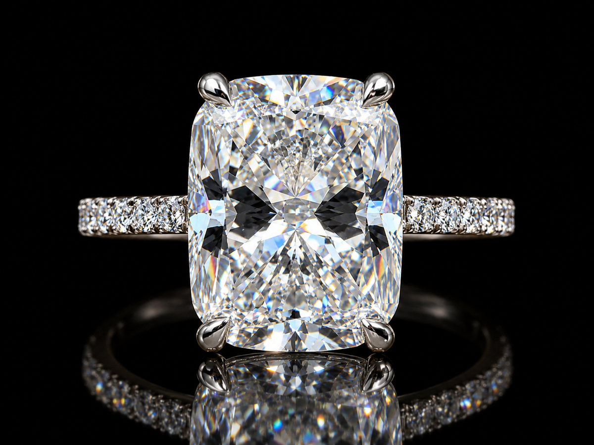 3.30 CTW Elongated Cushion Lab-Grown Diamond Engagement Ring with Hidden Halo in 14K Gold