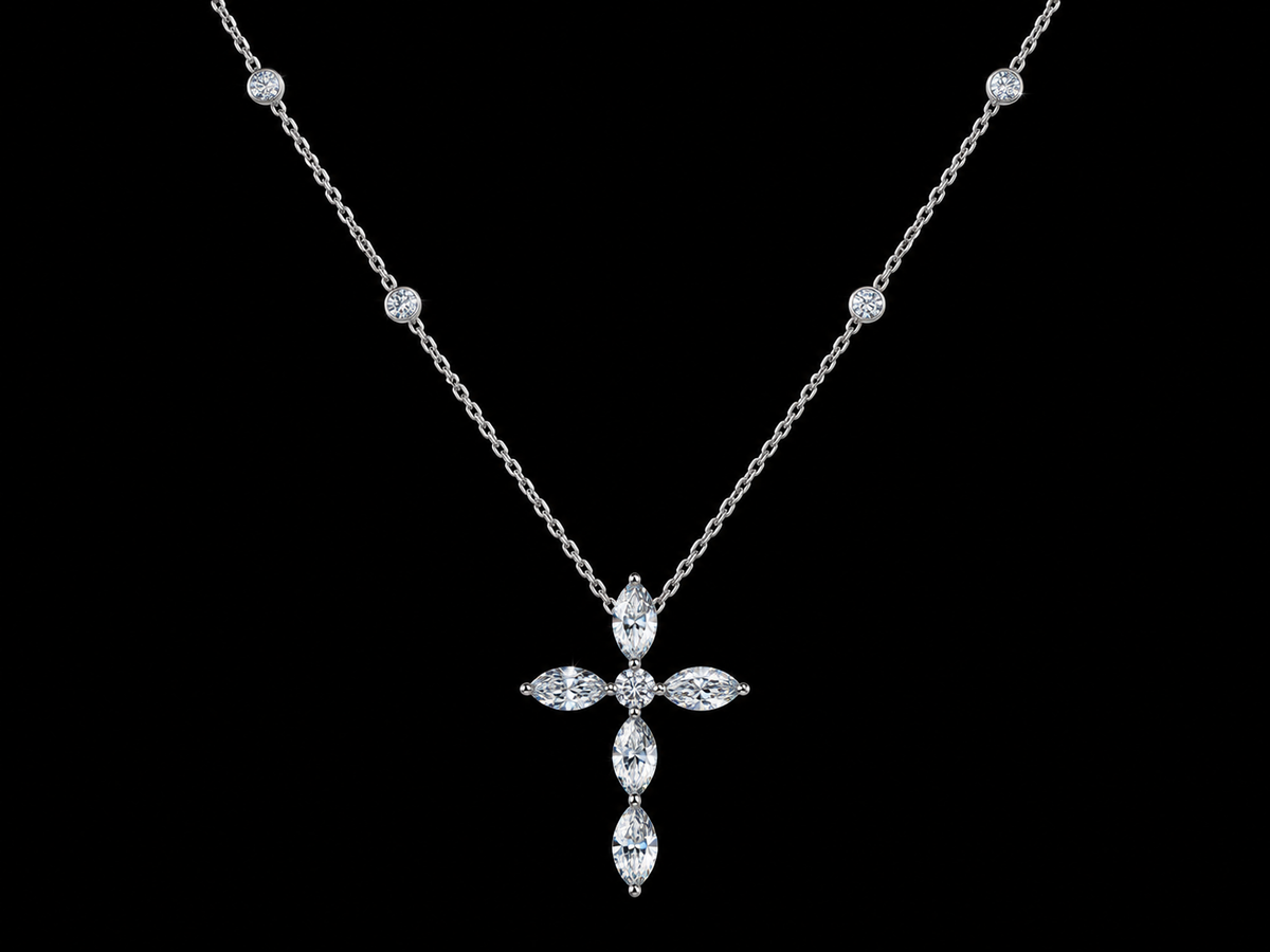 14K White Gold Marquise & Round Lab-Grown Diamond Cross Necklace – 2.10 CTW