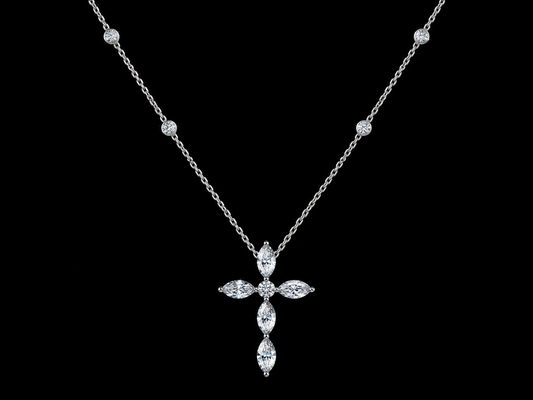 14K White Gold Marquise & Round Lab-Grown Diamond Cross Necklace – 2.10 CTW