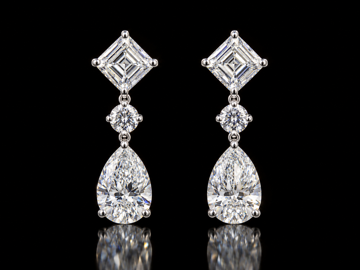 14K White Gold Asscher, Round & Pear Lab-Grown Diamond Drop Earrings – 4.94 CTW