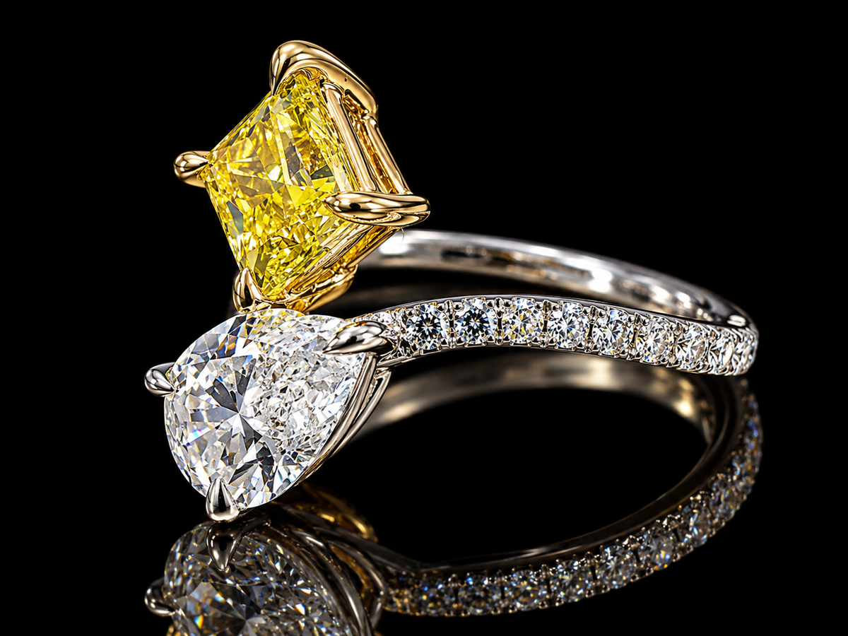 14K 2.30 CTW Canary Yellow Princess & Pear Lab-Grown Diamond Toi et Moi Ring
