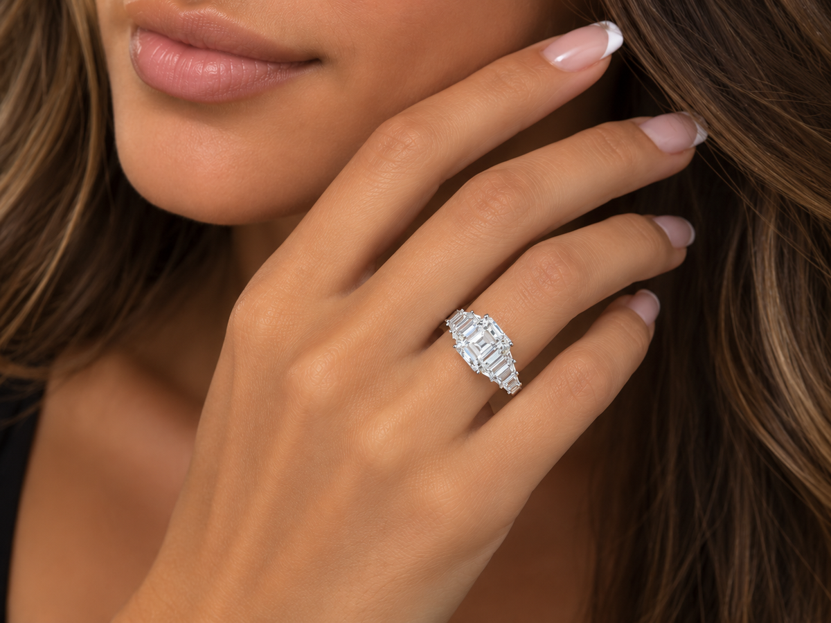 Asscher-Cut Diamond Engagement Ring with Trapezoid & Baguette Side Diamonds