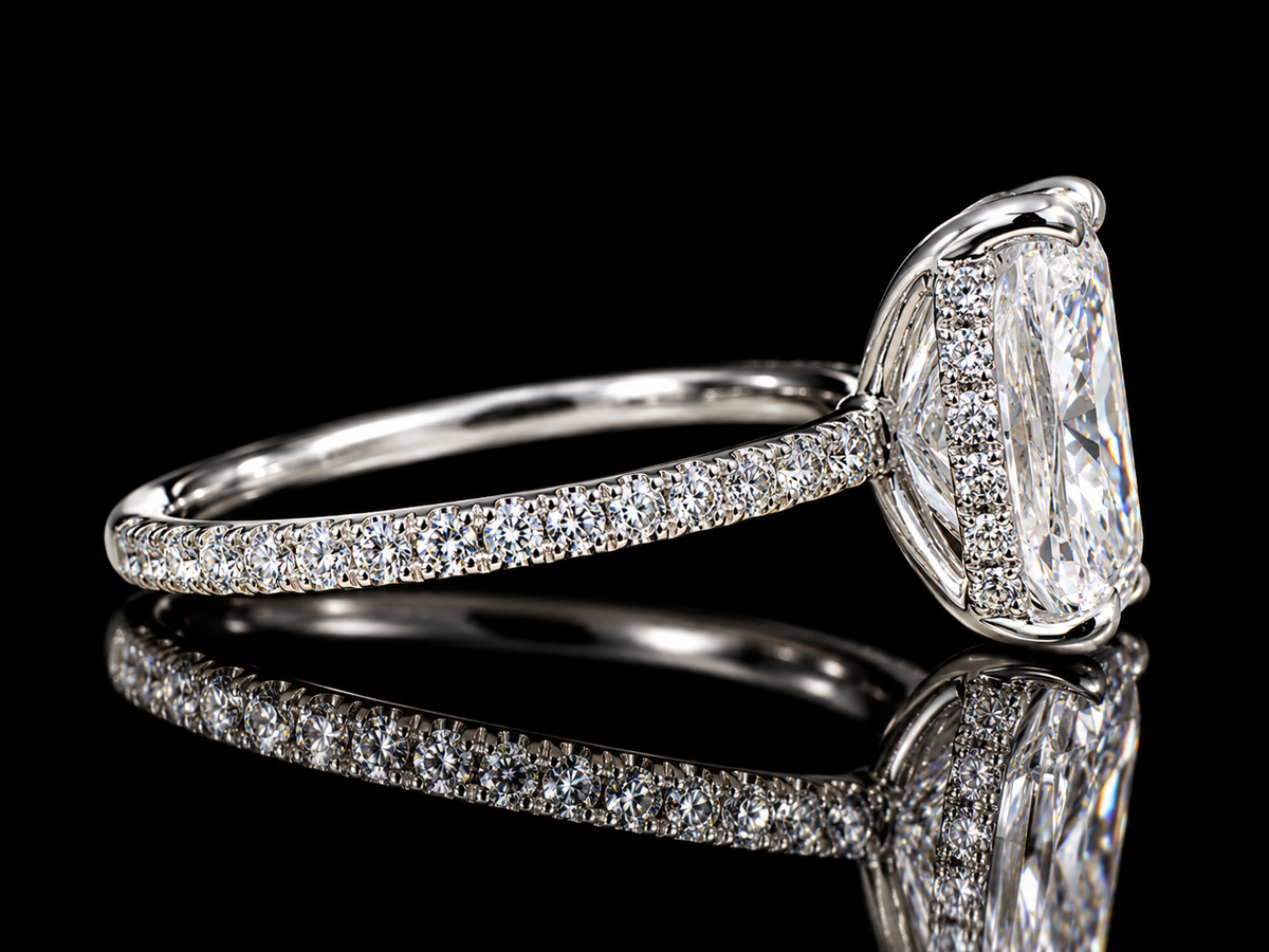 3.30 CTW Elongated Cushion Lab-Grown Diamond Engagement Ring with Hidden Halo in 14K Gold
