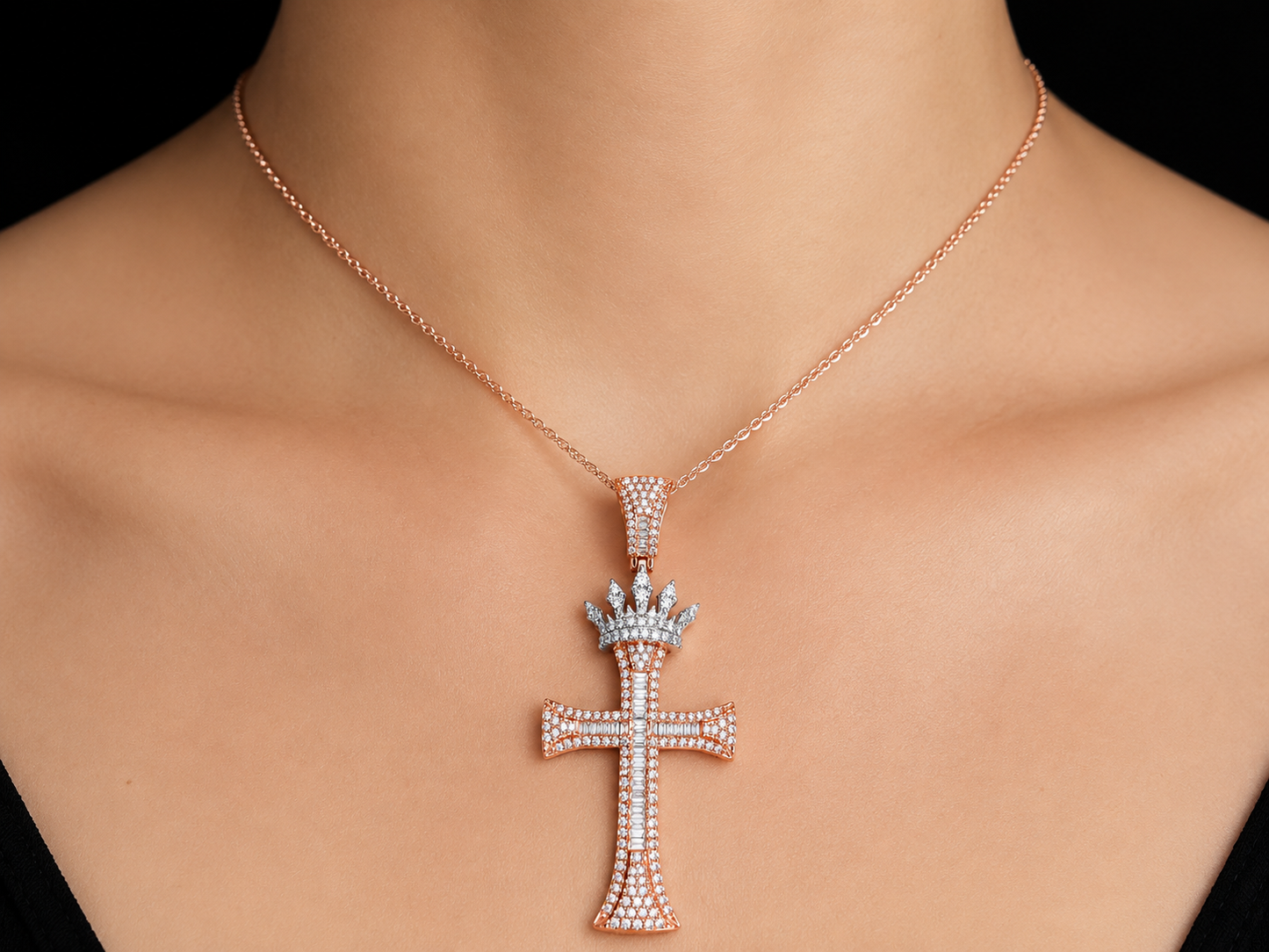 10K Rose Gold Diamond Crown Cross Pendant Angelica Jewellers