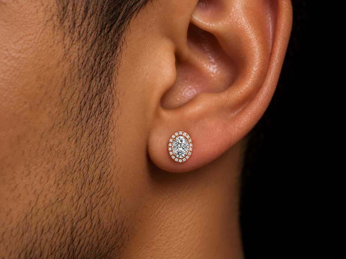 14K Rose and White Gold Oval Natural Diamond Halo Stud Earrings – 0.25 CT
