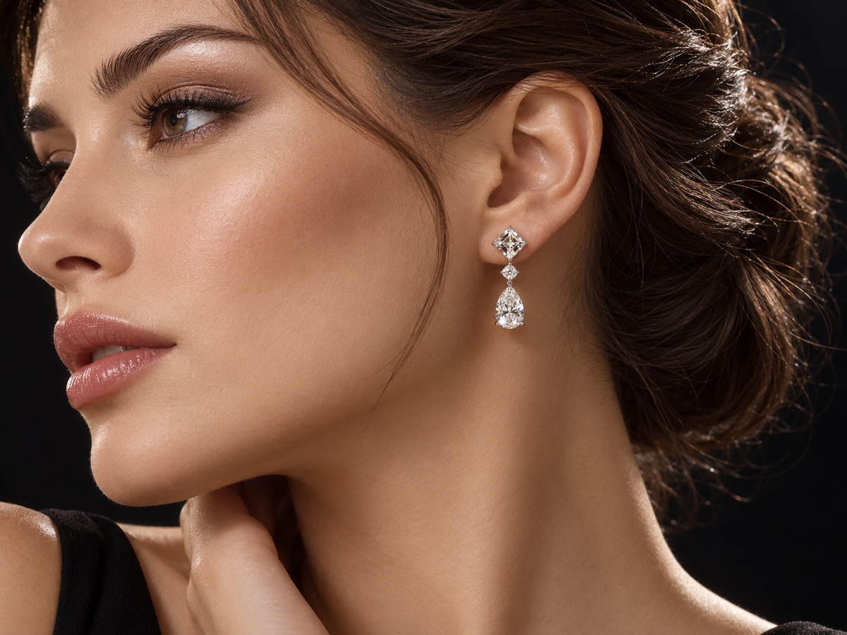 14K White Gold Asscher, Round & Pear Lab-Grown Diamond Drop Earrings – 4.94 CTW