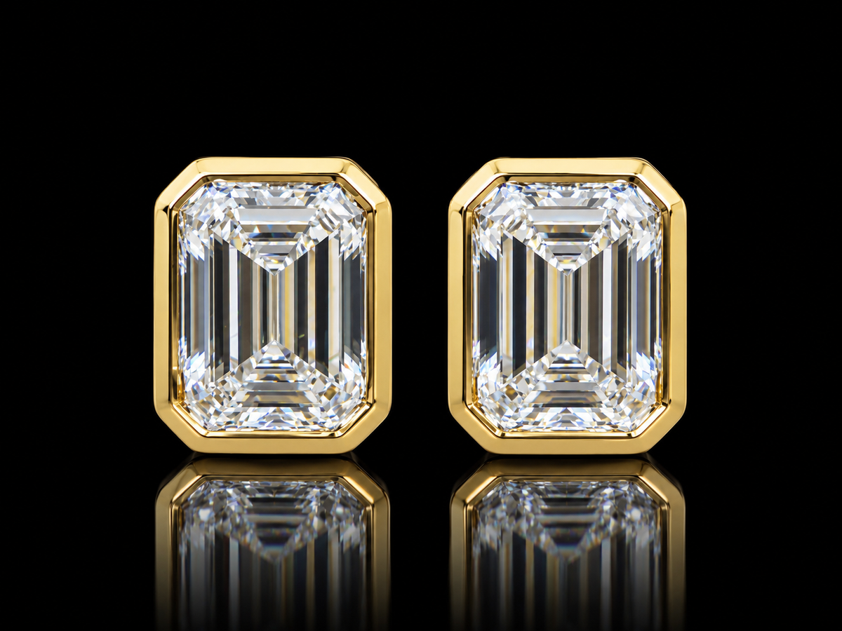 2.00 CTW (1ct each)Emerald-Cut Lab-Grown Diamond Bezel Stud Earrings – 14K Yellow Gold