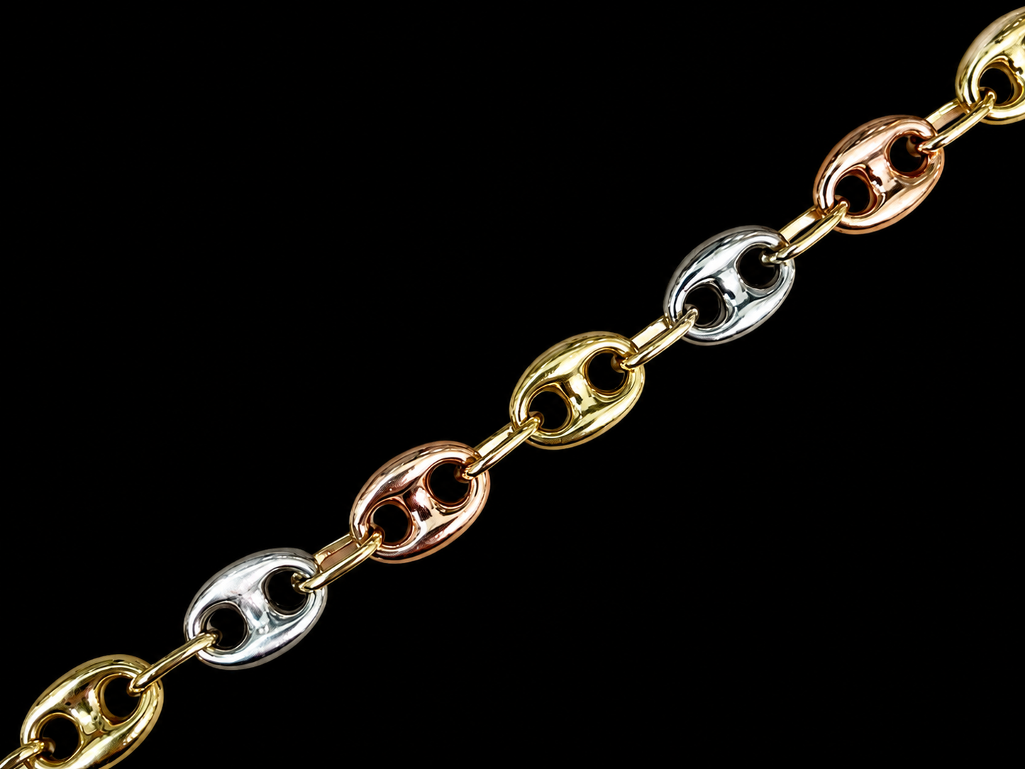 10K Tri-Color Gold Anchor Puff Chain – 8mm, 16”, 18g