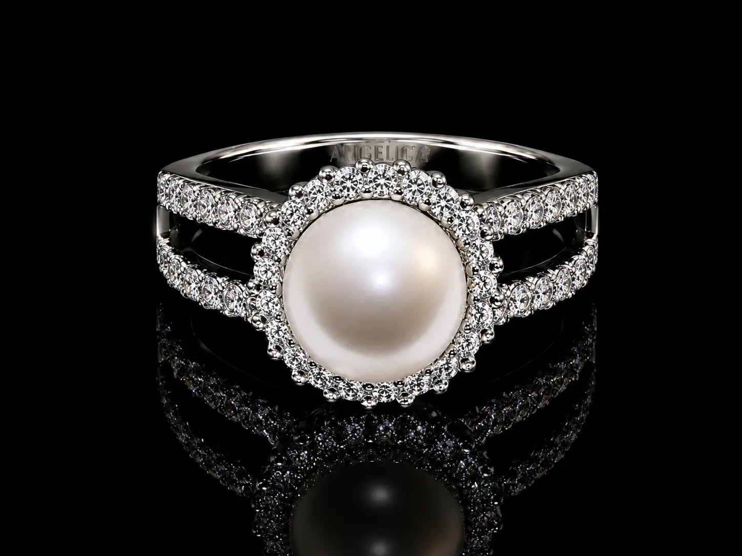 18K White Gold Double Halo Saltwater Pearl & Diamond Ring – 0.70 CT VS F-G Angelica Jewellers
