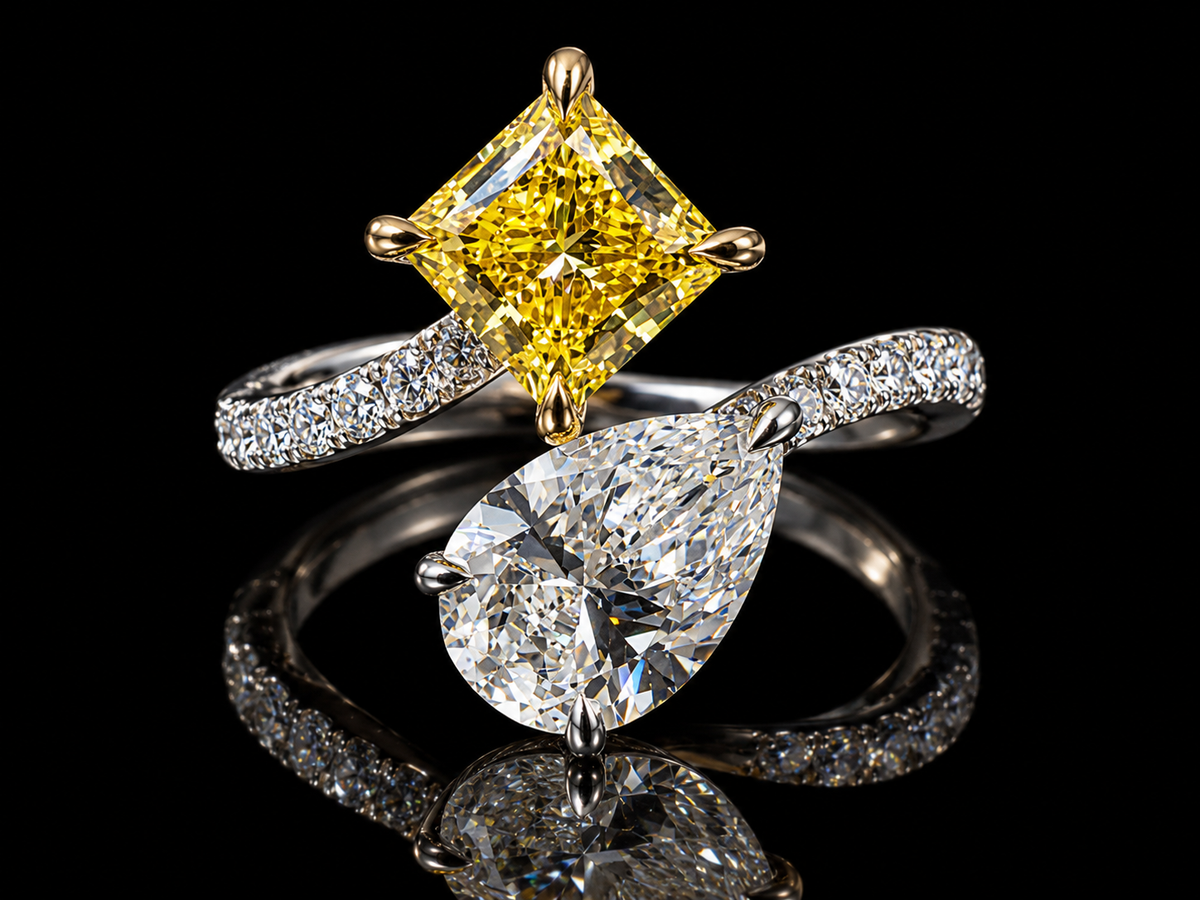 14K 2.30 CTW Canary Yellow Princess & Pear Lab-Grown Diamond Toi et Moi Ring