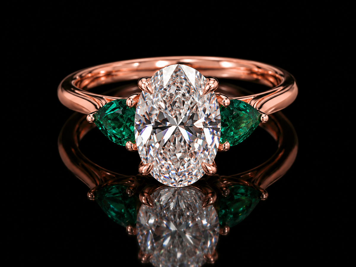 2.00 CT Oval Lab-Grown Diamond & Emerald Trilogy Engagement Ring