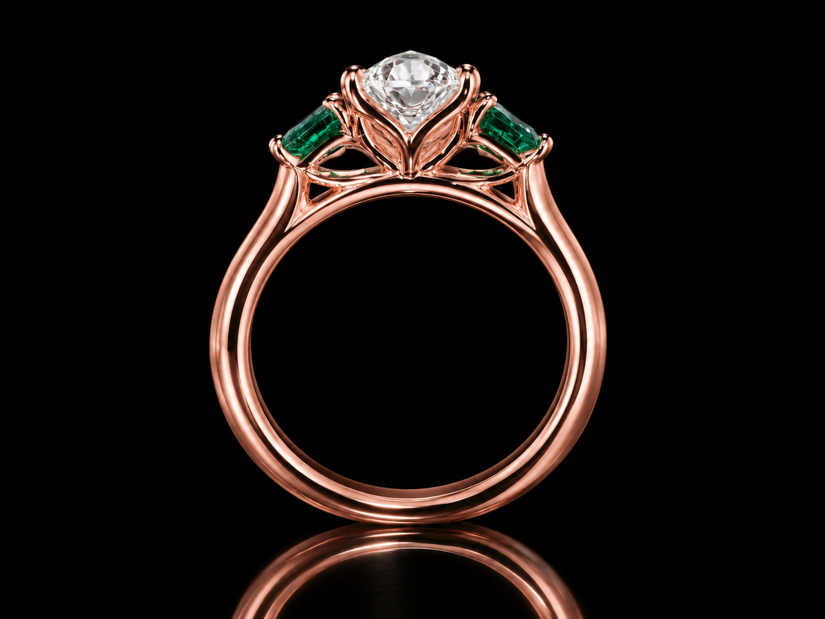 2.00 CT Oval Lab-Grown Diamond & Emerald Trilogy Engagement Ring