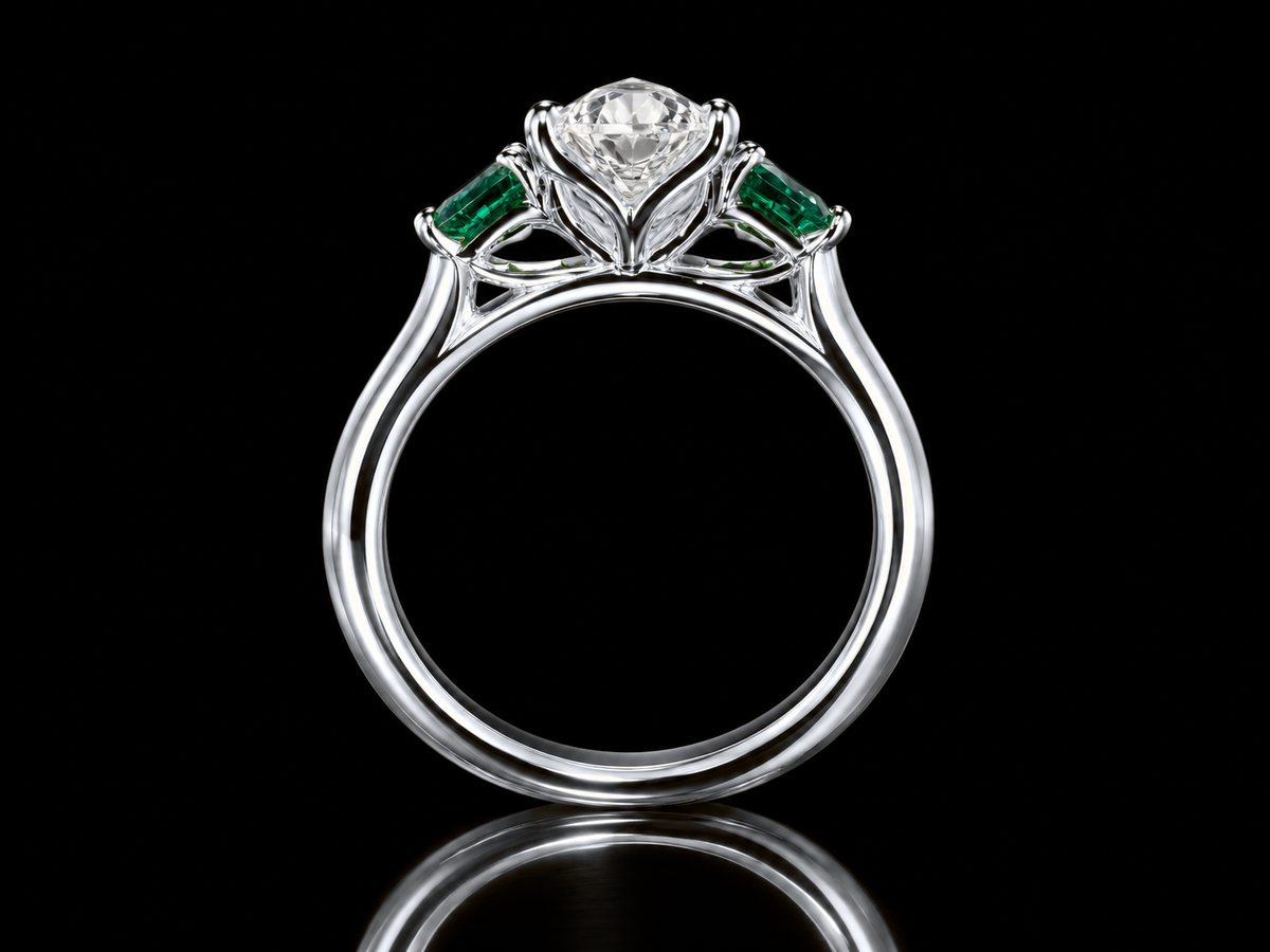 2.00 CT Oval Lab-Grown Diamond & Emerald Trilogy Engagement Ring