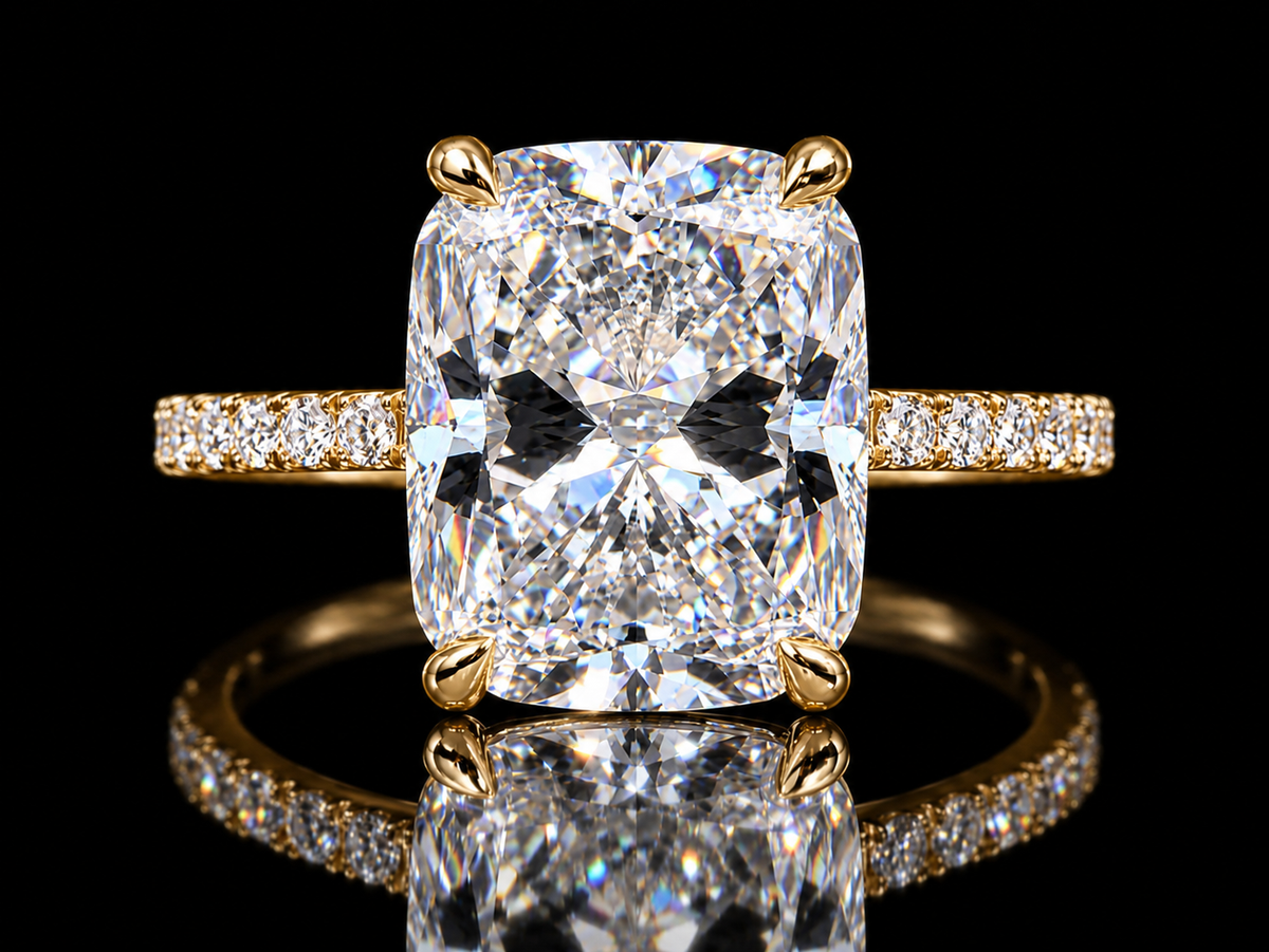 3.30 CTW Elongated Cushion Lab-Grown Diamond Engagement Ring with Hidden Halo in 14K Gold