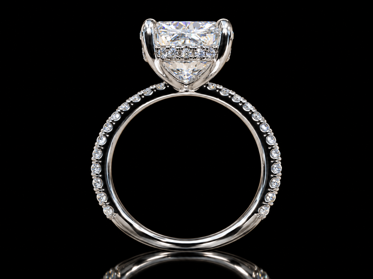 3.30 CTW Elongated Cushion Lab-Grown Diamond Engagement Ring with Hidden Halo in 14K Gold