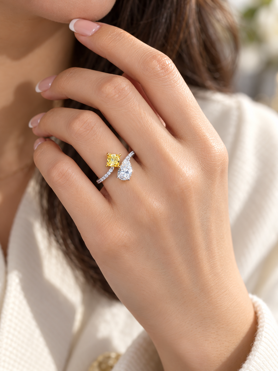 14K 2.30 CTW Canary Yellow Princess & Pear Lab-Grown Diamond Toi et Moi Ring
