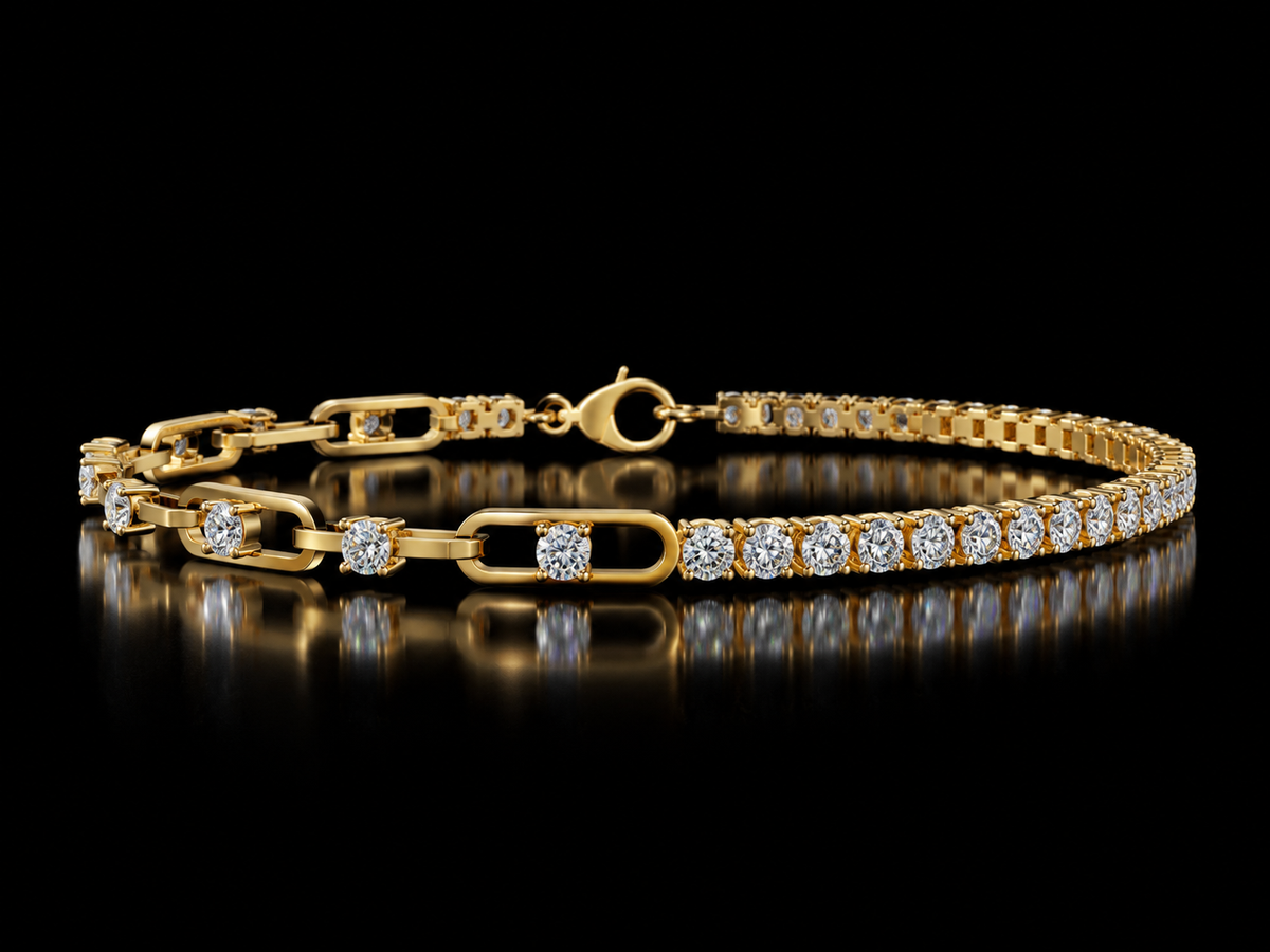 Lab-grown diamond tennis and link chain bracelet in yellow gold