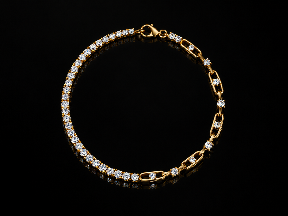 Lab-grown diamond tennis and link chain bracelet in yellow gold, full view