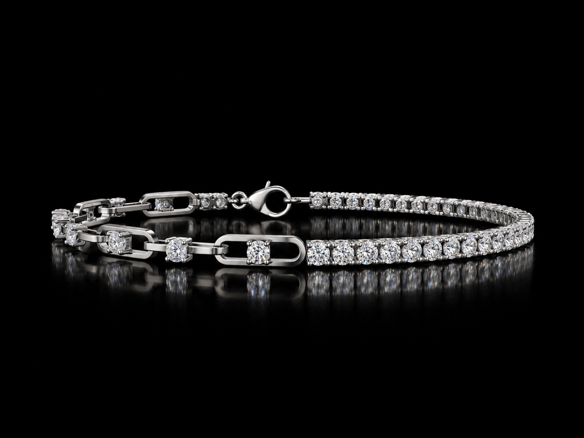 Lab-grown diamond tennis and link chain bracelet in white gold