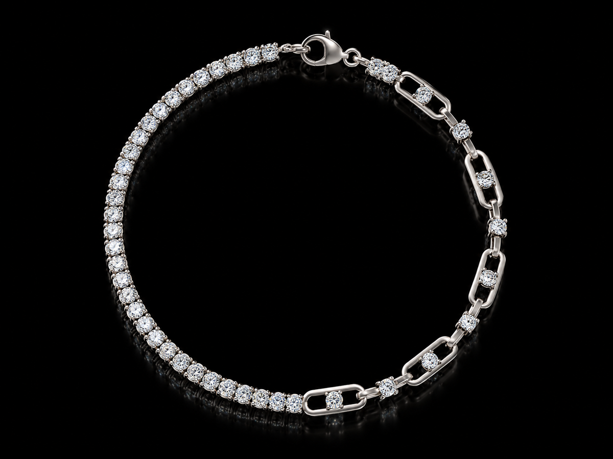 Lab-grown diamond tennis and link chain bracelet in white gold, full view