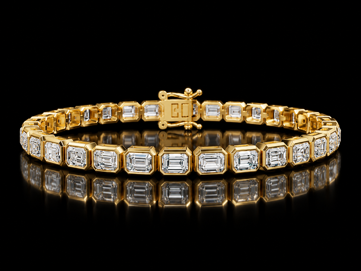 Emerald-cut bezel-set lab-grown diamond tennis bracelet in yellow gold