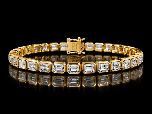 Emerald-cut bezel-set lab-grown diamond tennis bracelet in yellow gold