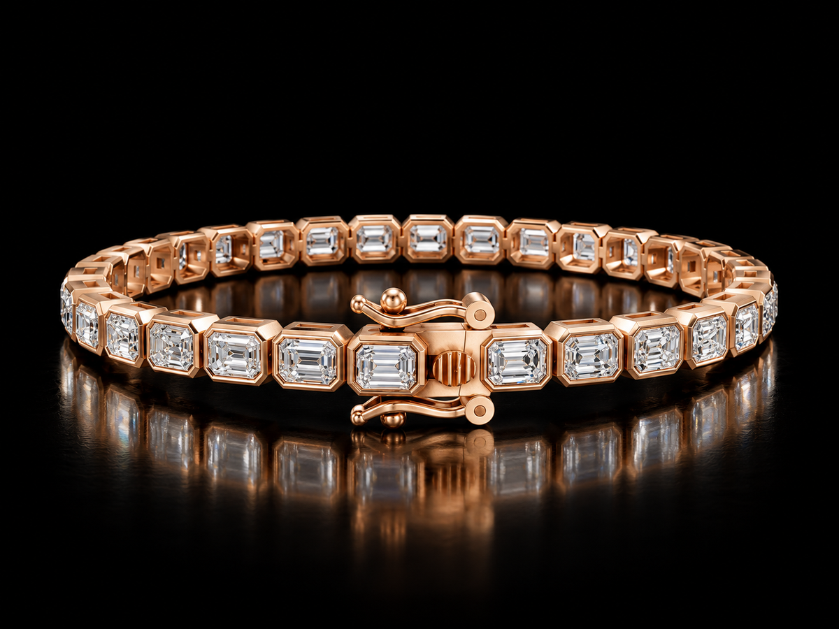 Emerald-cut bezel-set lab-grown diamond tennis bracelet in rose gold, clasp view