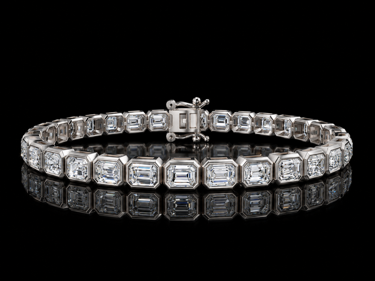 Emerald-cut bezel-set lab-grown diamond tennis bracelet in white gold