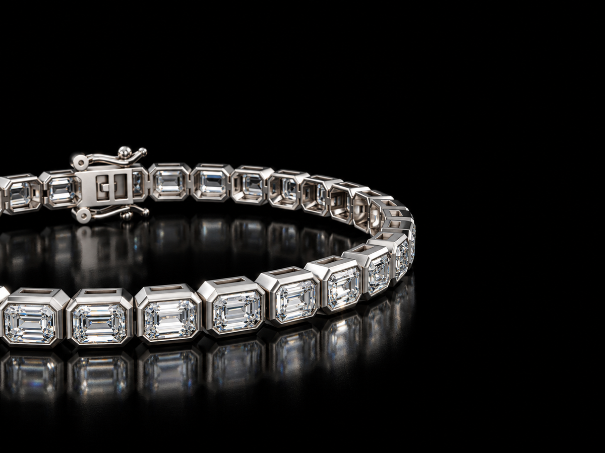Emerald-cut bezel-set lab-grown diamond tennis bracelet in white gold, close view