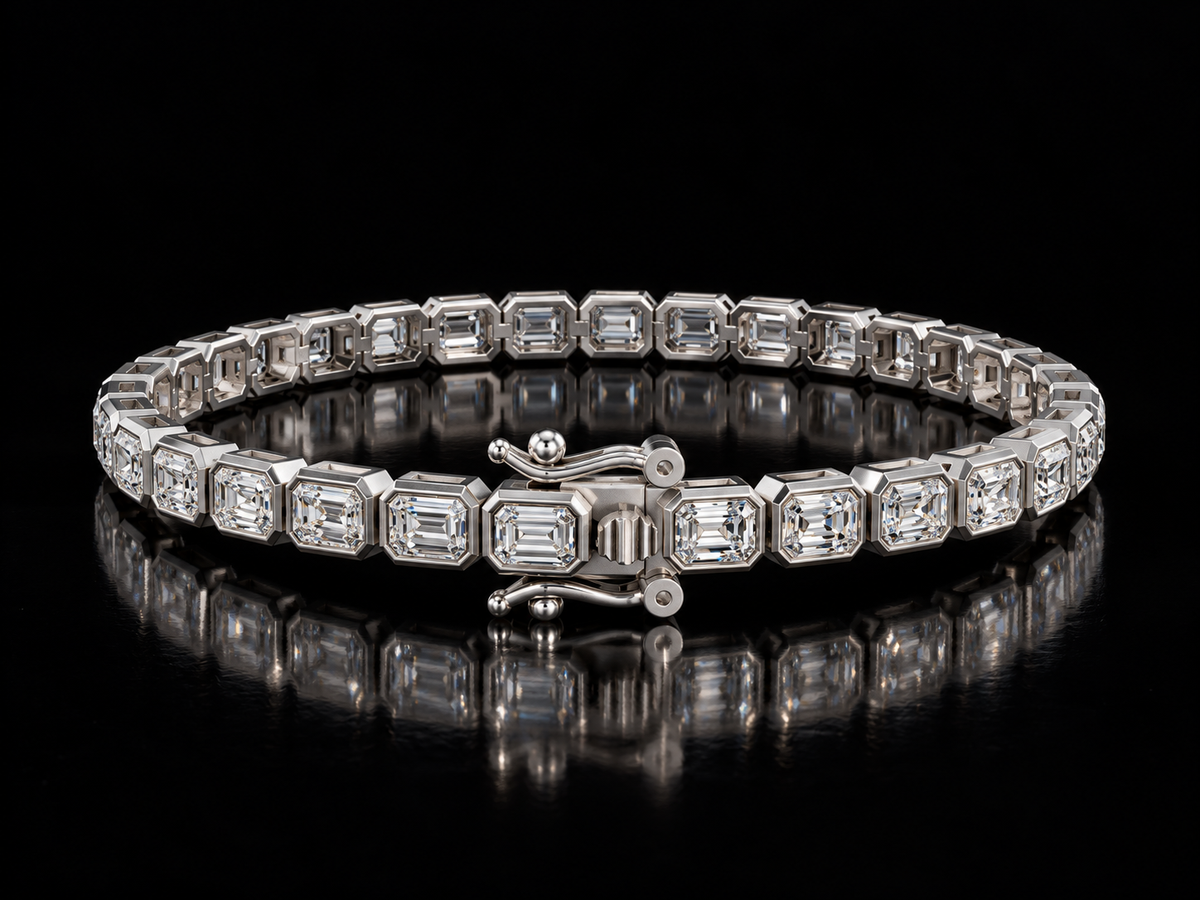 Emerald-cut bezel-set lab-grown diamond tennis bracelet in white gold, clasp view