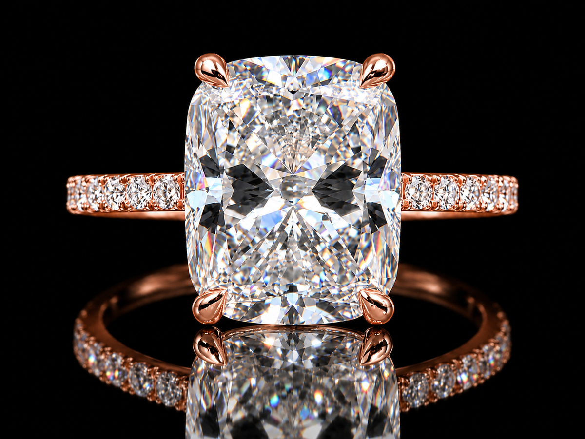 3.30 CTW Elongated Cushion Lab-Grown Diamond Engagement Ring with Hidden Halo in 14K Gold