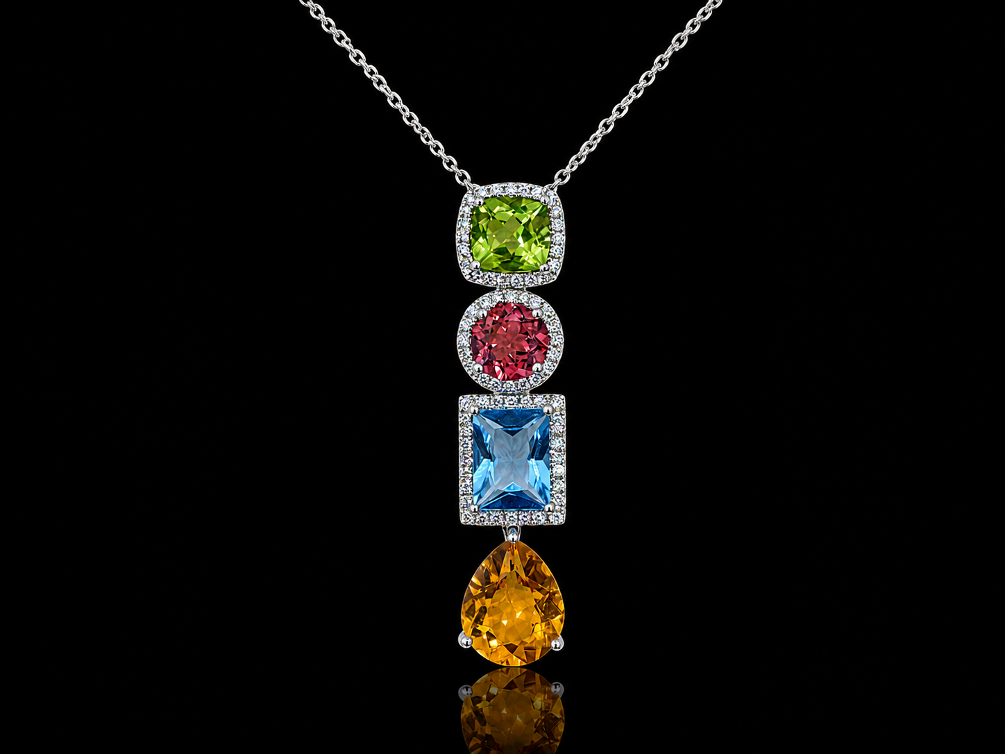 18K White Gold Multicolor Gemstone & Diamond Drop Pendant Necklace – 5.06 CTW Angelica Jewellers